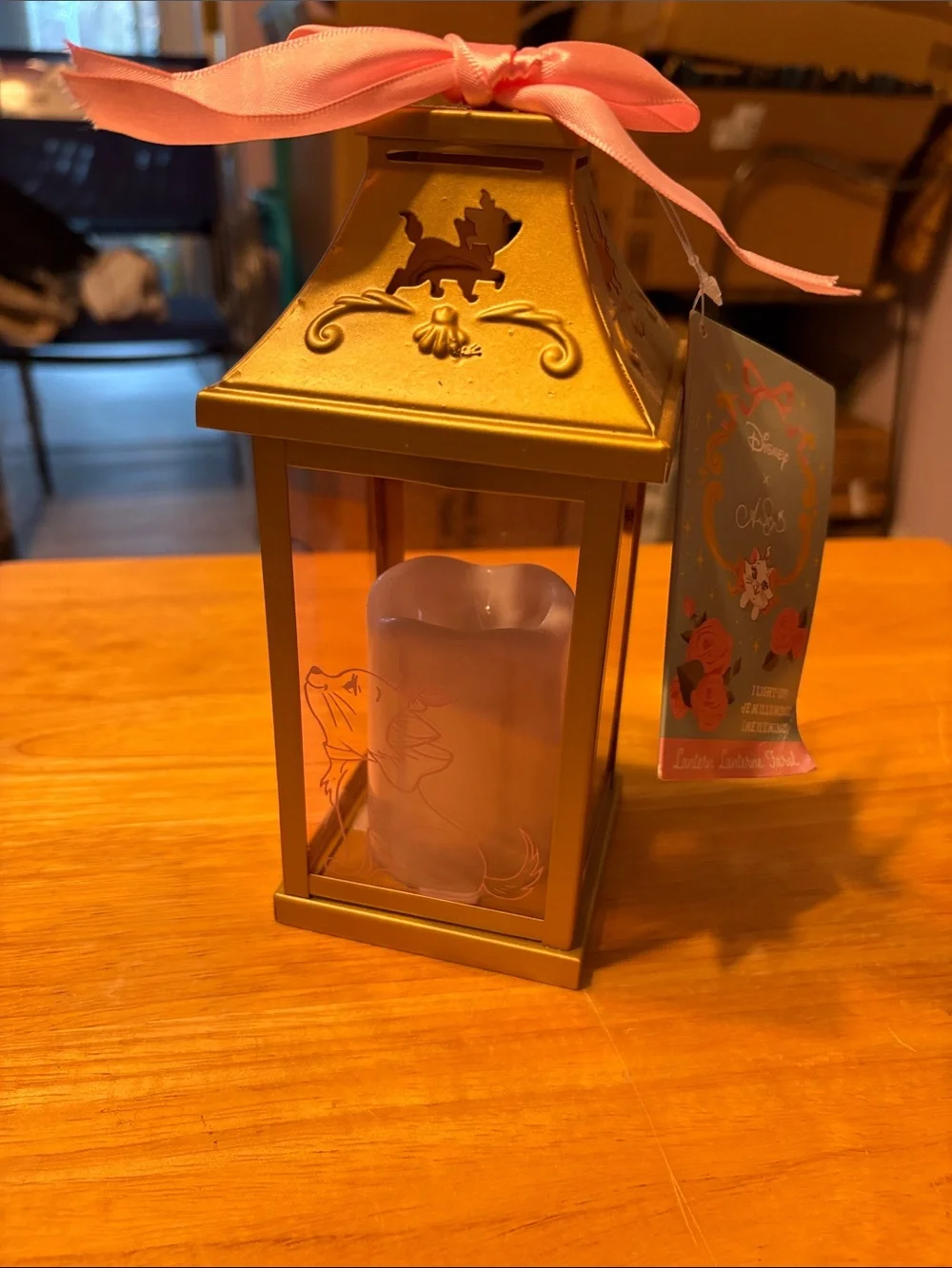 Disney Gold Lantern with Pink Ribbon and LED Candle